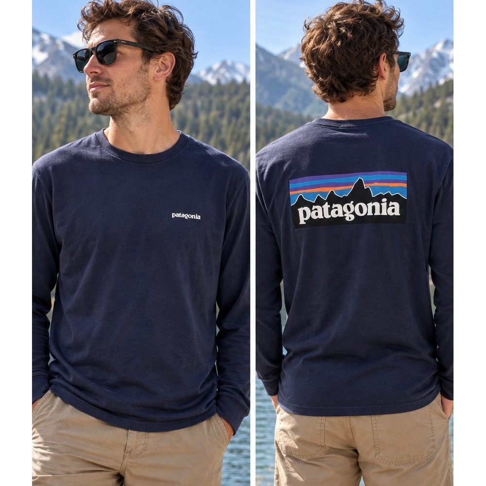 Patagonia Responsibili-Tee Shirt Mens M Navy Blue P-6 Logo Long Sleeve 38518